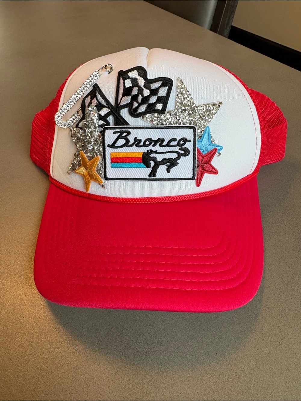 Red and White Embellished Trucker Hat